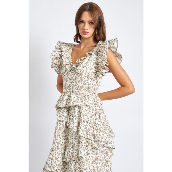 En Saison Gianna Floral Print Cotton Ruffle Maxi Dress Small Medium Cottagecore - Picture 13 of 16